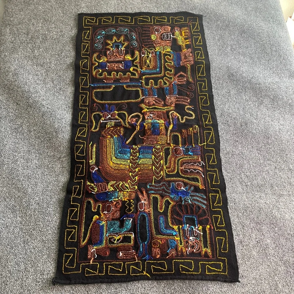 Vintage Peruvian Hand Embroidered Textile Wall Hanging Andean Folk Art Black